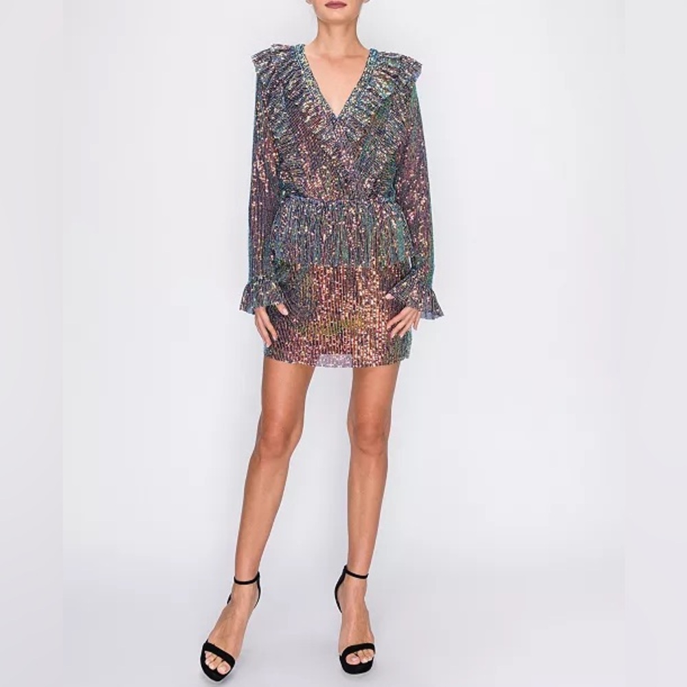 Endless Rose NWT Multi Sequin Ruffled Mini Dress with Bishop Sleeves